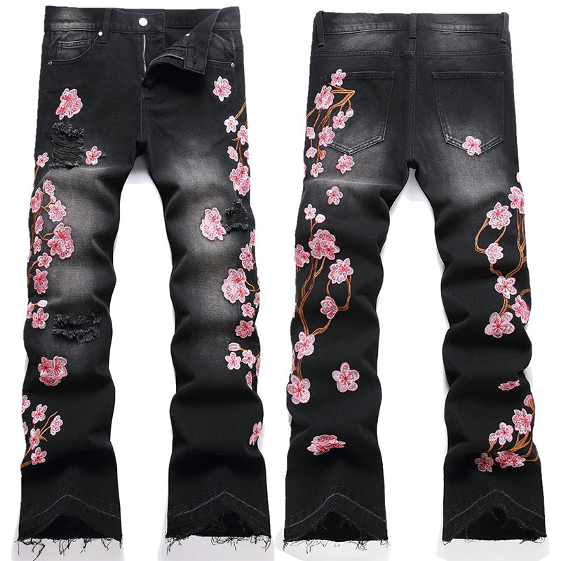 Mens Fashion Jeans Pink cherry blossom embroidered wide-leg pants 5710# Pure cotton high quality