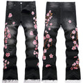 Mens Fashion Jeans Pink cherry blossom embroidered wide-leg pants 5710# Pure cotton high quality