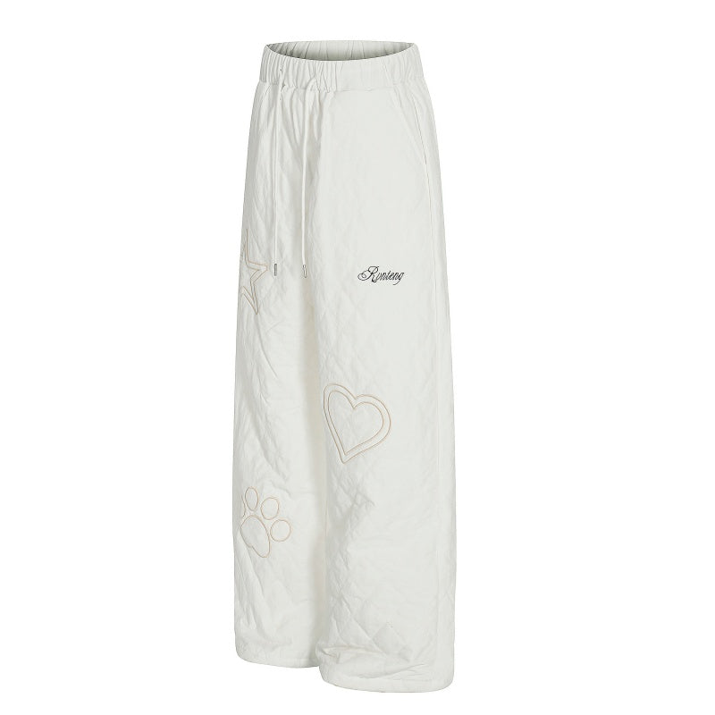 American-style streetwear harem pants Fleece-lined and thickened Star & Heart Paw Print Embroidery