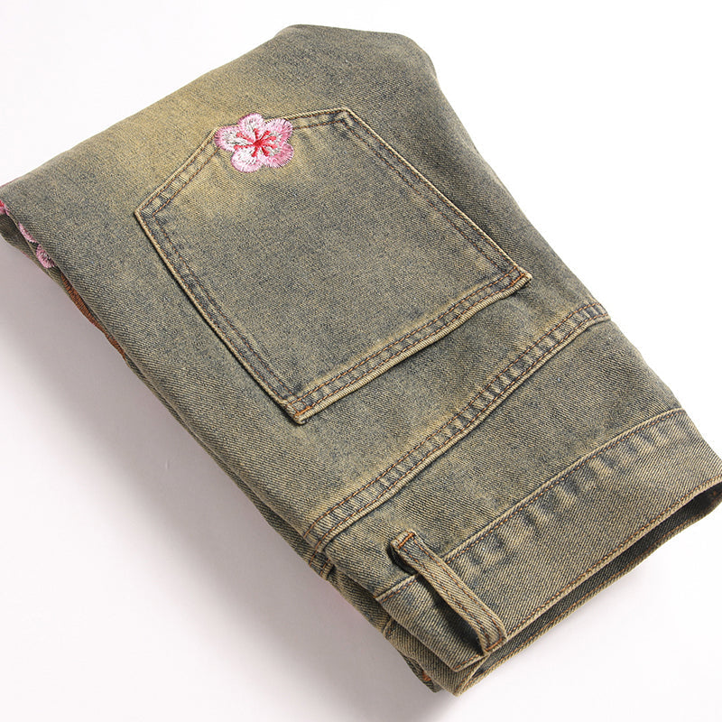 Mens Fashion Jeans Pink cherry blossom embroidery 5719# Pure cotton high quality