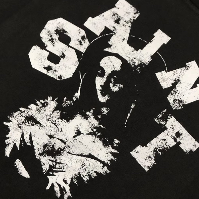 Saint Michael T Shirts Washed Black Oversized Tee Distressed SAINT Arch Typography & Statue Graphic