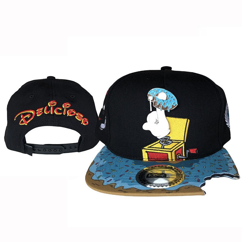 Trendy flat brimmed snapback hatscartoon missing corner bite