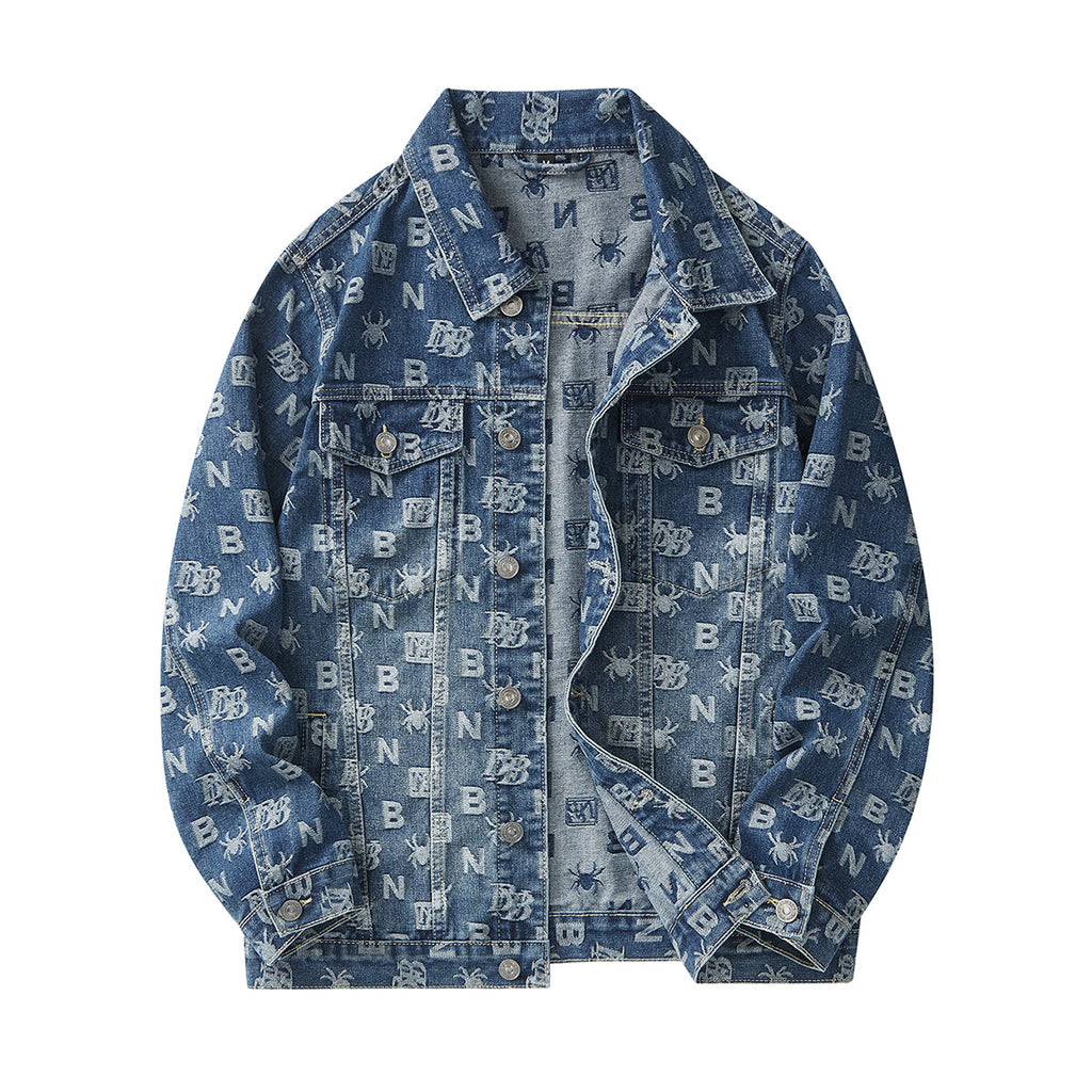 Denim Jacket & Jeans High-Street Trend Retro Casual Matching Monogram Graphic Trucker Jacket and Slim-Fit Pants Outfit (jacket and jeans must be purchased separately.)