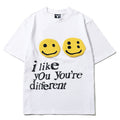 Mens T-shirt Vintage American-style Trendy Kanye-style oversized tee featuring a double-yolk smiley face design with puff print.