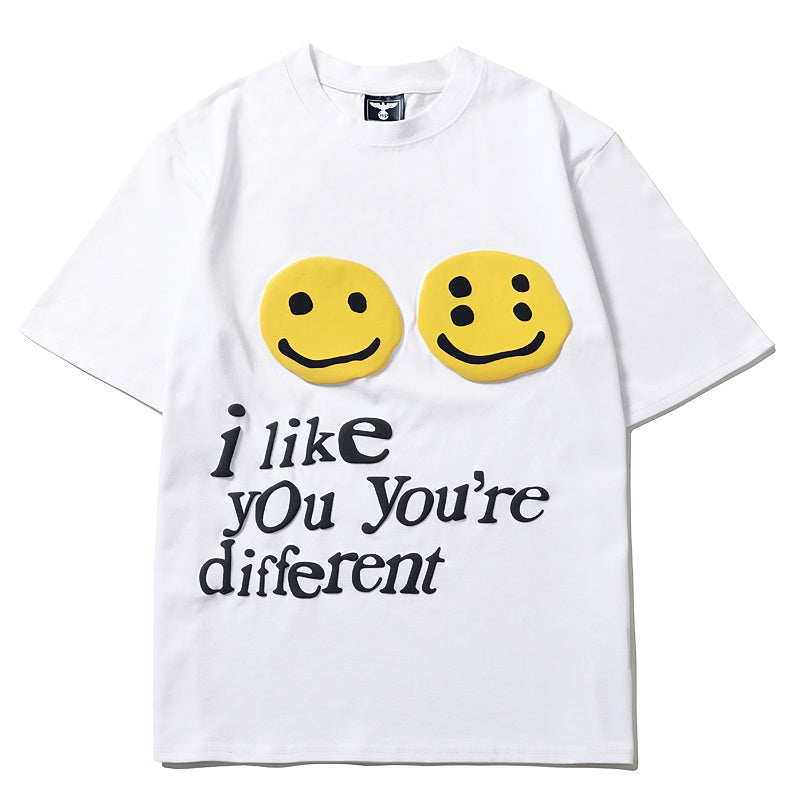 Mens T-shirt Vintage American-style Trendy Kanye-style oversized tee featuring a double-yolk smiley face design with puff print.