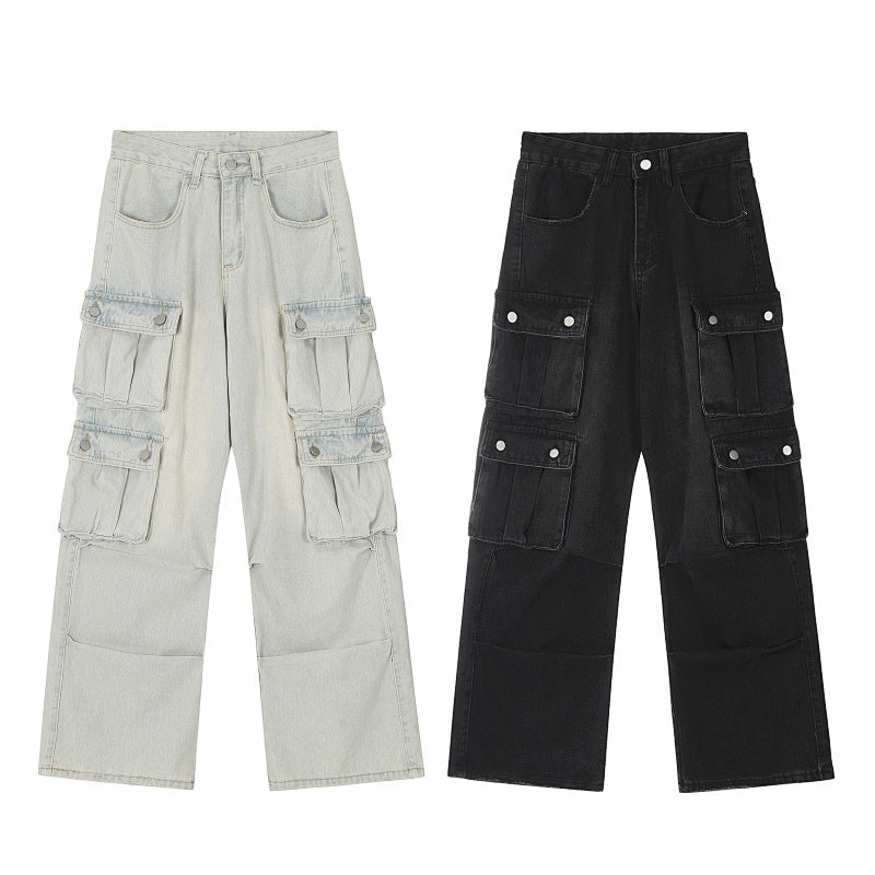 American-style streetwear harem pants Raw Edge Multi Layer Pocket Cargo Denim Pants