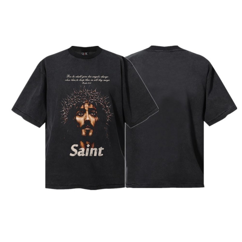 Saint Michael T Shirts Distressed Pigment Dyed Christ Head Saint Typography Streetwear Print