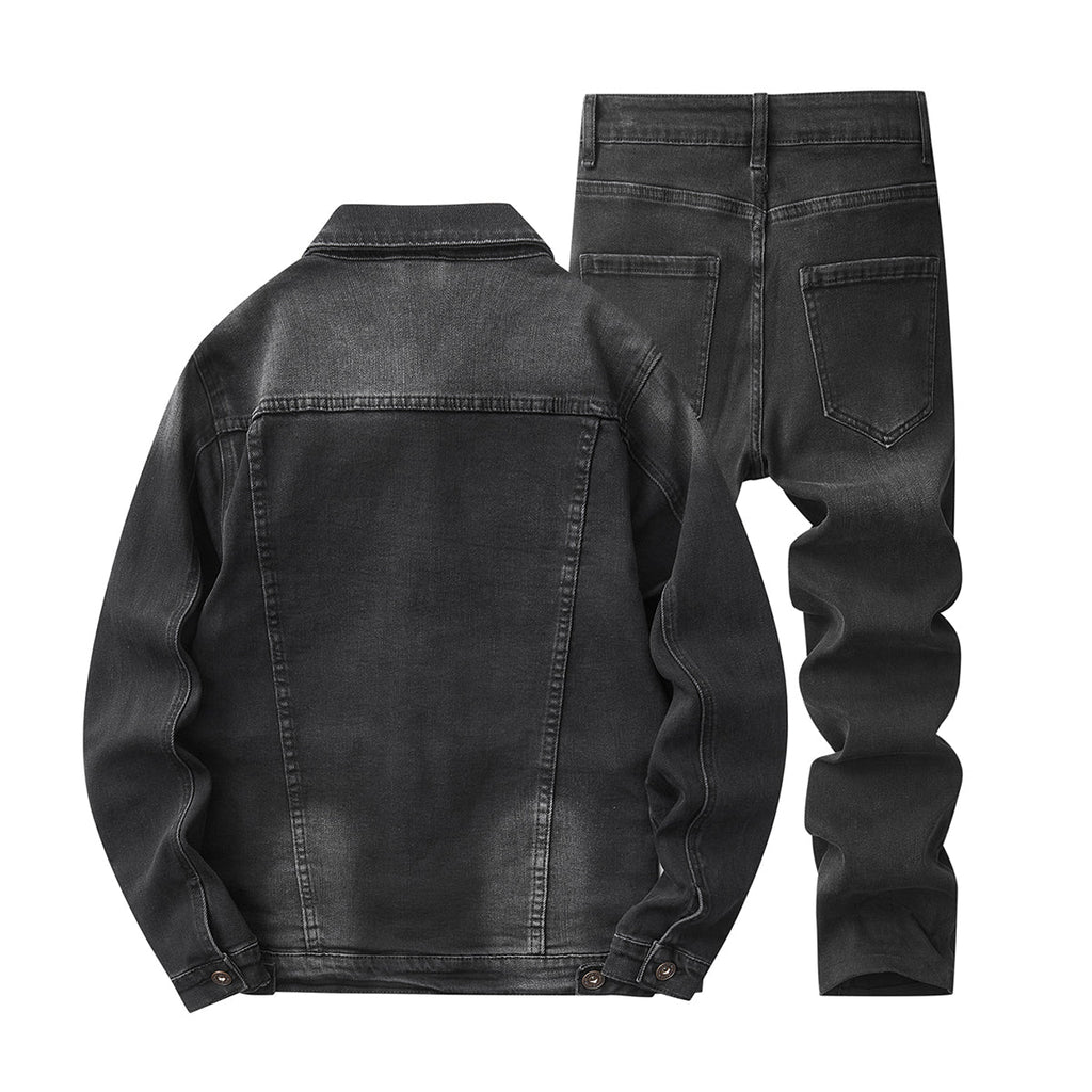 Denim Jacket & Jeans High-Street Trend Retro Casual Matching Distressed Denim Trucker Jacket and Slim-Fit Pants Outfit (jacket and jeans must be purchased separately.)