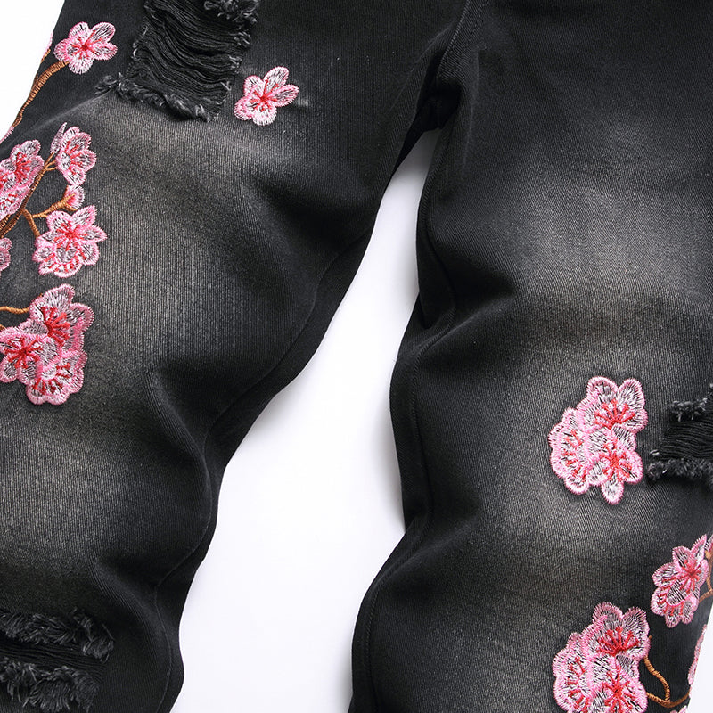 Mens Fashion Jeans Pink cherry blossom embroidered wide-leg pants 5710# Pure cotton high quality