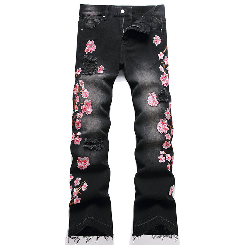 Mens Fashion Jeans Pink cherry blossom embroidered wide-leg pants 5710# Pure cotton high quality