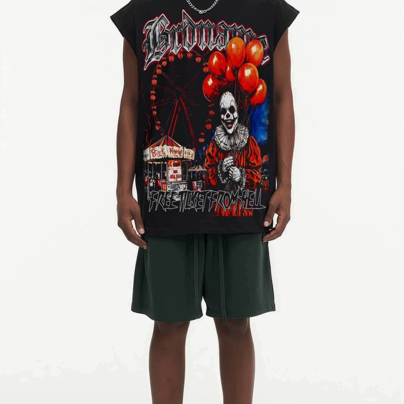 BIG FACE Drop-Shoulder Tank Top High-street vintage style featuring a small neckline, white-ink digital direct-to-garment (DTG) printing, and a heavy-duty, distressed wash finish; crafted from 260g double-yarn plain-knit fabric.