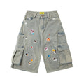 Street-style vintage Cropped trousers Retro Distressed Loose-Fit Wide-Leg Denim Cargo Shorts with Graphic Accents
