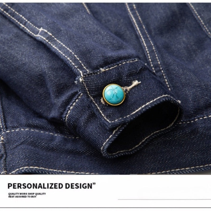 Denim Jacket & Jeans High-Street Trend Hip Hop Denim Pants Loose Fit Dark Blue Contrast Stitching Button Fly Straight Cut Raw Denim Jeans Streetwear Vintage Trousers (jacket and jeans must be purchased separately.)