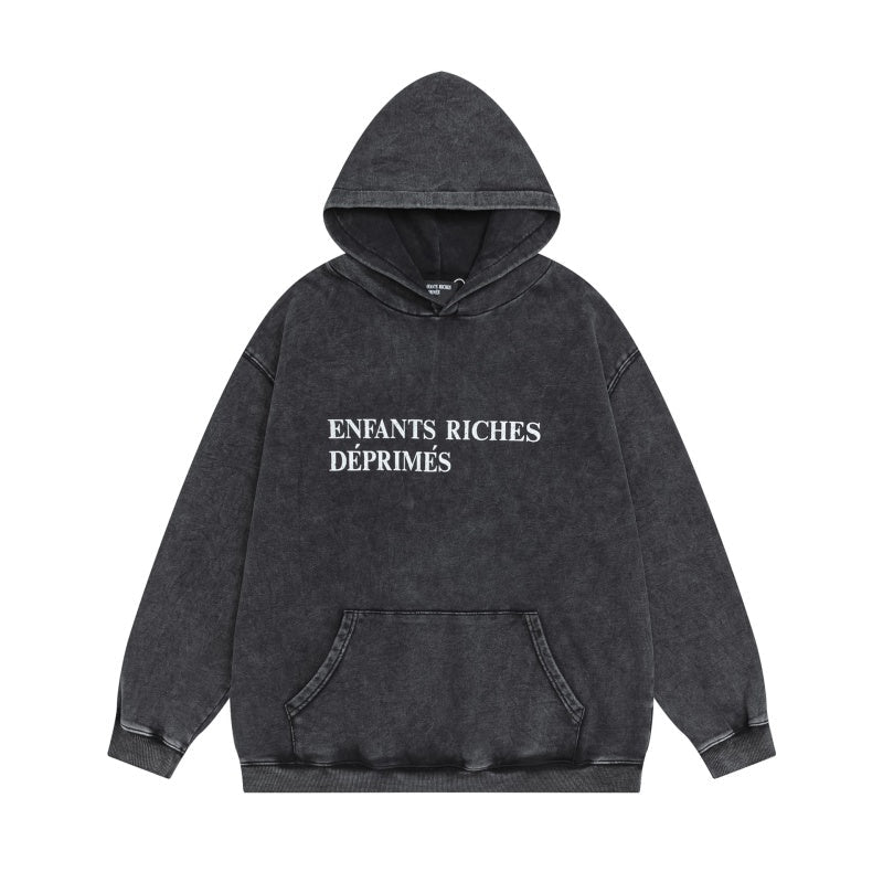 ERD Hoodie Vintage Washed Dark Layer Minimal Front Serif Lettering Graphic