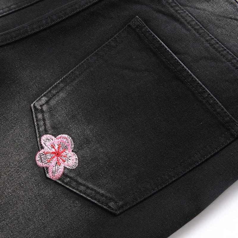 Mens Fashion Jeans Pink cherry blossom embroidered wide-leg pants 5710# Pure cotton high quality