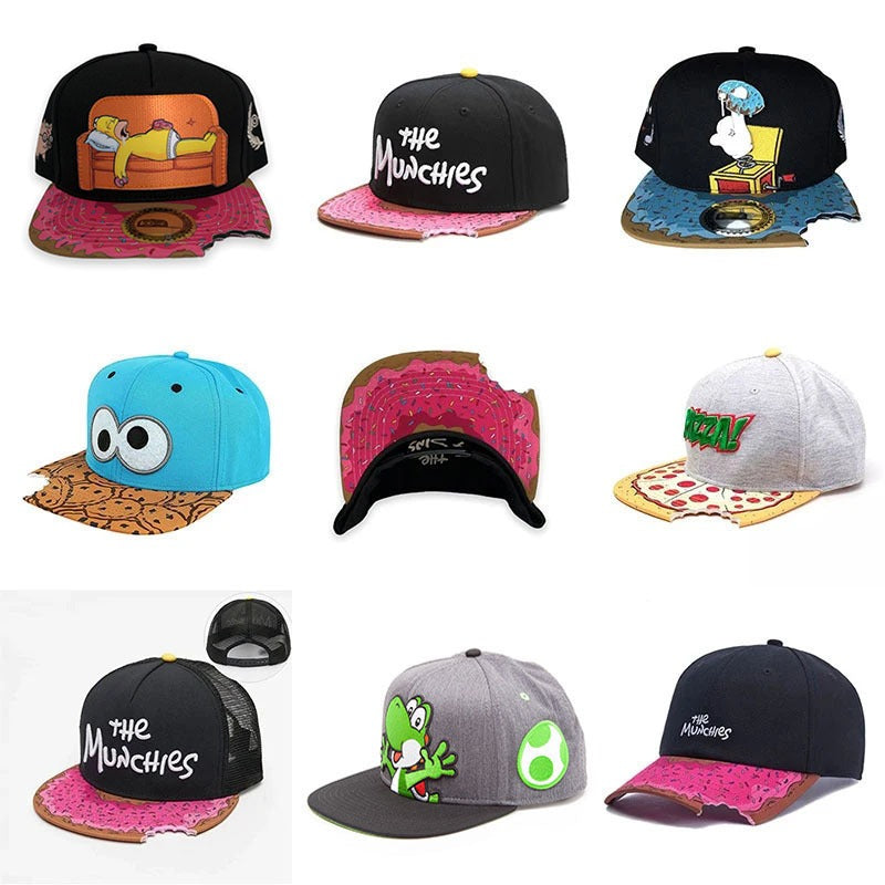 Trendy flat brimmed snapback hatscartoon missing corner bite
