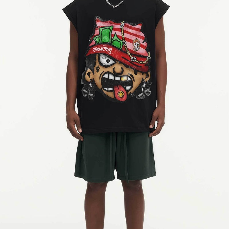 BIG FACE Drop-Shoulder Tank Top High-street vintage style featuring a small neckline, white-ink digital direct-to-garment (DTG) printing, and a heavy-duty, distressed wash finish; crafted from 260g double-yarn plain-knit fabric.