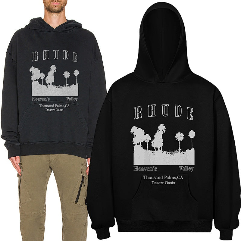 RHUDE Hoodie West‑Coast Palm Skyline Typography Motif