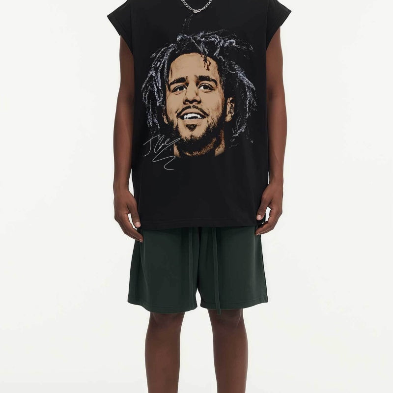 BIG FACE Drop-Shoulder Tank Top High-street vintage style featuring a small neckline, white-ink digital direct-to-garment (DTG) printing, and a heavy-duty, distressed wash finish; crafted from 260g double-yarn plain-knit fabric.