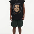 BIG FACE Drop-Shoulder Tank Top High-street vintage style featuring a small neckline, white-ink digital direct-to-garment (DTG) printing, and a heavy-duty, distressed wash finish; crafted from 260g double-yarn plain-knit fabric.