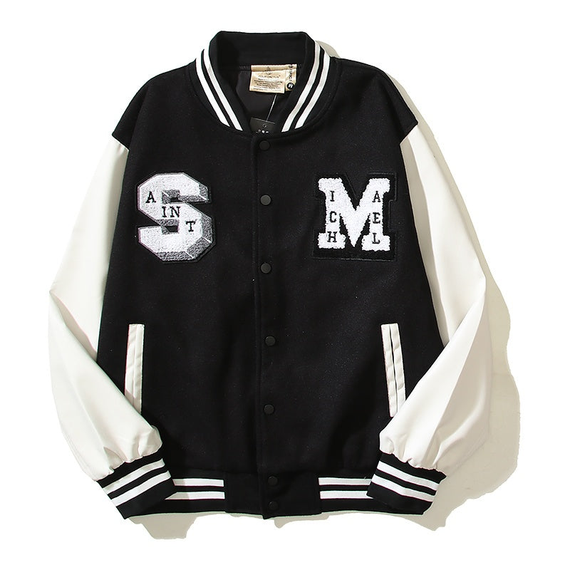 American-style baseball jacket High-street Saint of God American-style color-block varsity jacket for men; loose-fit unisex design featuring leather sleeves and a wool-blend body.