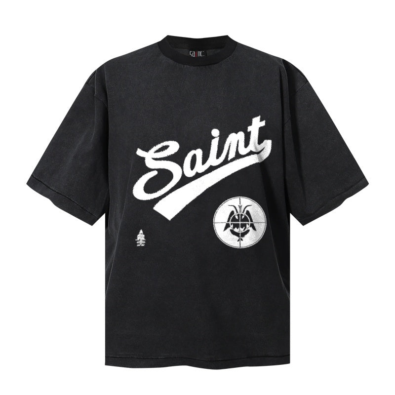 Saint Michael T Shirts Washed Black Varsity Saint Script Occult Circle Graphic