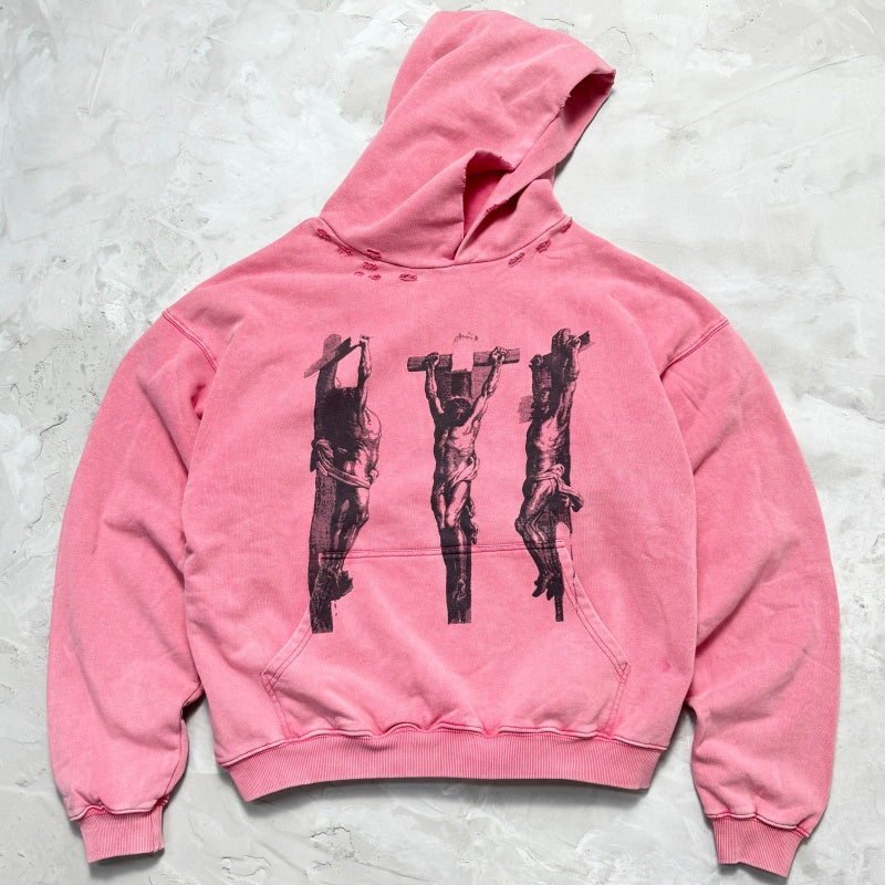 Unisex Vintage Hoodie Three Jesus Limited Edition Washed & Distressed Hoodie â€?featuring multi-area hand-distressing, custom fabric matched to the original in texture and color, and a heavyweight enzyme-washed finish for a faded, vintage look.
