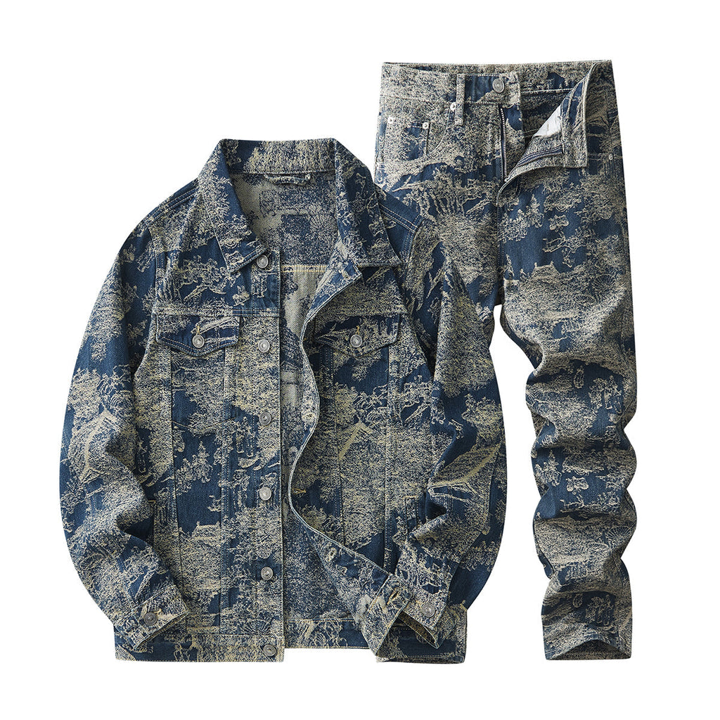 Denim Jacket & Jeans High-Street Trend Men's Vintage Toile de Jouy Scenic Print Denim Jacket and Jeans Set  Retro Casual Matching Artistic Landscape Graphic Trucker Jacket and Pants Outfit (jacket and jeans must be purchased separately.)