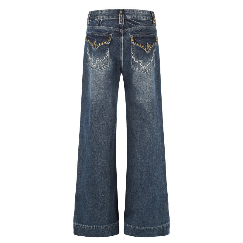 American-style streetwear harem pants Metal Stud Embellishment Retro Wide Flare Cut
