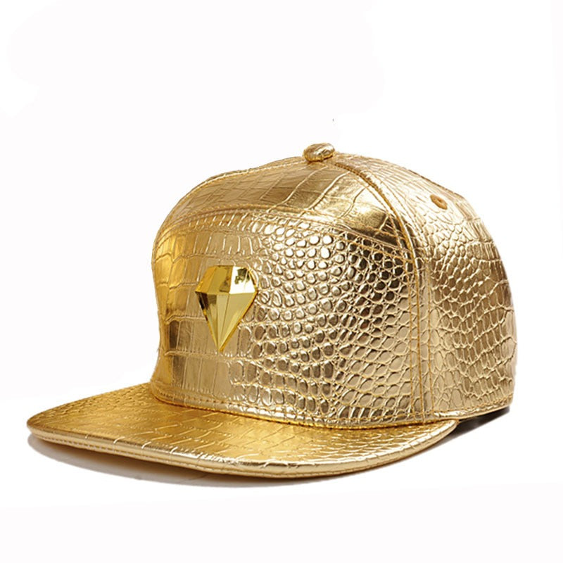 Trendy flat brimmed snapback hatsgold leather adjustable visor