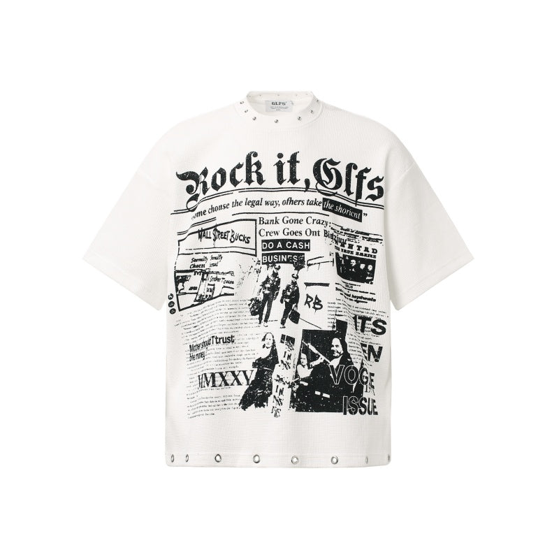 Unisex vintage T-shirt  gray-white waffle fabric with rivets