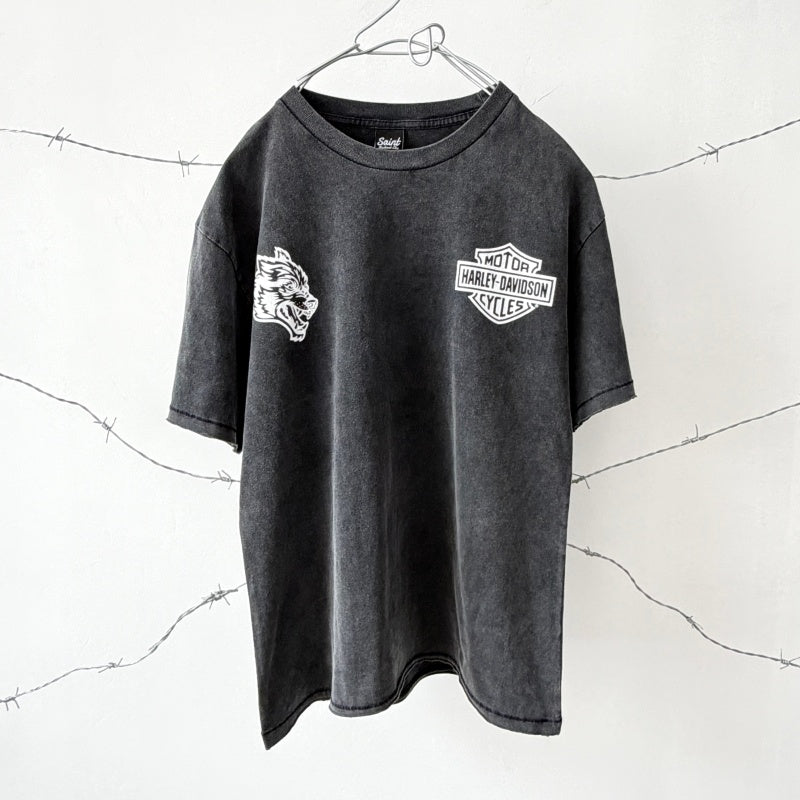 Unisex Vintage T Shirts Darc SSDD NFGU x Harley-Davidson Collaboration (Limited Edition): Heavyweight, distressed, and washed-effect tee featuring a Wolf Head graphic. Designed with a boxy, cropped, and wide-neck silhouette—embodying a gritty, grun
