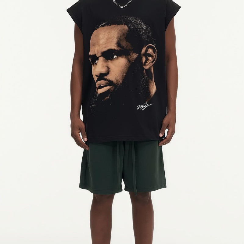 BIG FACE Drop-Shoulder Tank Top High-street vintage style featuring a small neckline, white-ink digital direct-to-garment (DTG) printing, and a heavy-duty, distressed wash finish; crafted from 260g double-yarn plain-knit fabric.