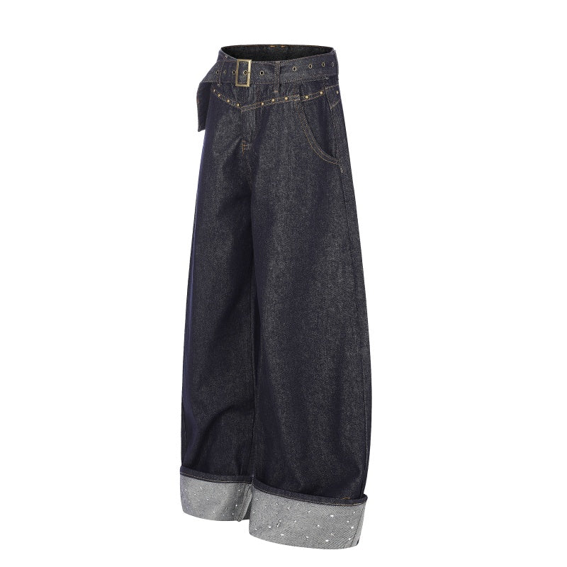 American-style streetwear harem pants Rolled Cuff Rhinestone Wide Leg Silhouette