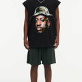 BIG FACE Drop-Shoulder Tank Top High-street vintage style featuring a small neckline, white-ink digital direct-to-garment (DTG) printing, and a heavy-duty, distressed wash finish; crafted from 260g double-yarn plain-knit fabric.