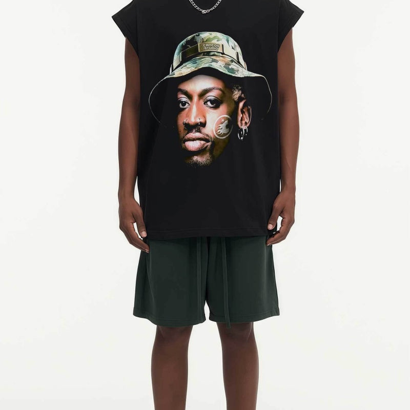 BIG FACE Drop-Shoulder Tank Top High-street vintage style featuring a small neckline, white-ink digital direct-to-garment (DTG) printing, and a heavy-duty, distressed wash finish; crafted from 260g double-yarn plain-knit fabric.
