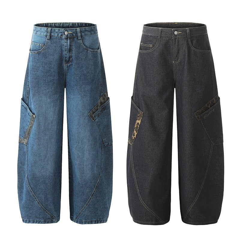 American-style streetwear harem pants Irregular Stitching Curved Leg Baggy Jeans