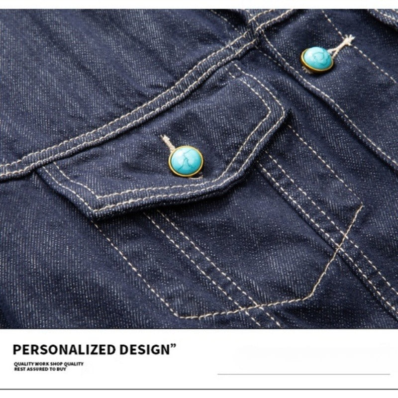 Denim Jacket & Jeans High-Street Trend Hip Hop Denim Pants Loose Fit Dark Blue Contrast Stitching Button Fly Straight Cut Raw Denim Jeans Streetwear Vintage Trousers (jacket and jeans must be purchased separately.)