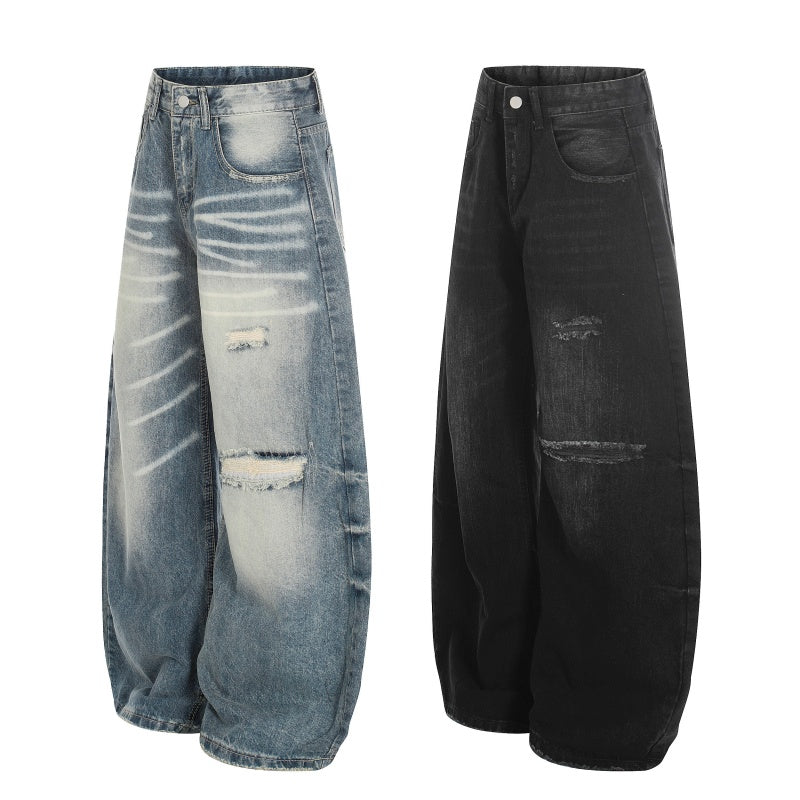 American-style streetwear harem pants Whiskering Ripped Wide Leg Wear