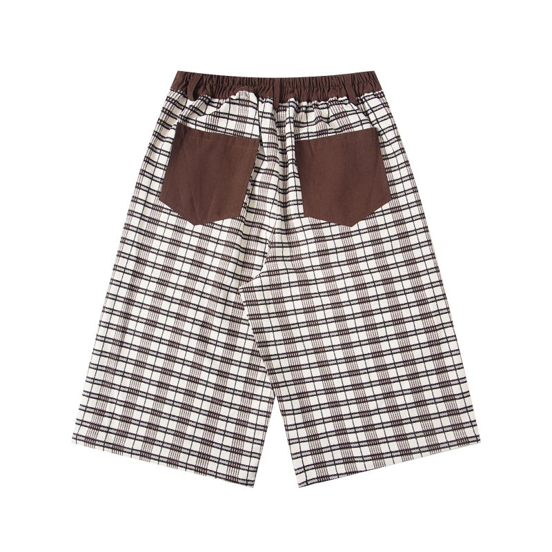 Street-style vintage Cropped trousers Retro Harajuku Style Wide-Leg Plaid Shorts with Cute Character Embroidery
