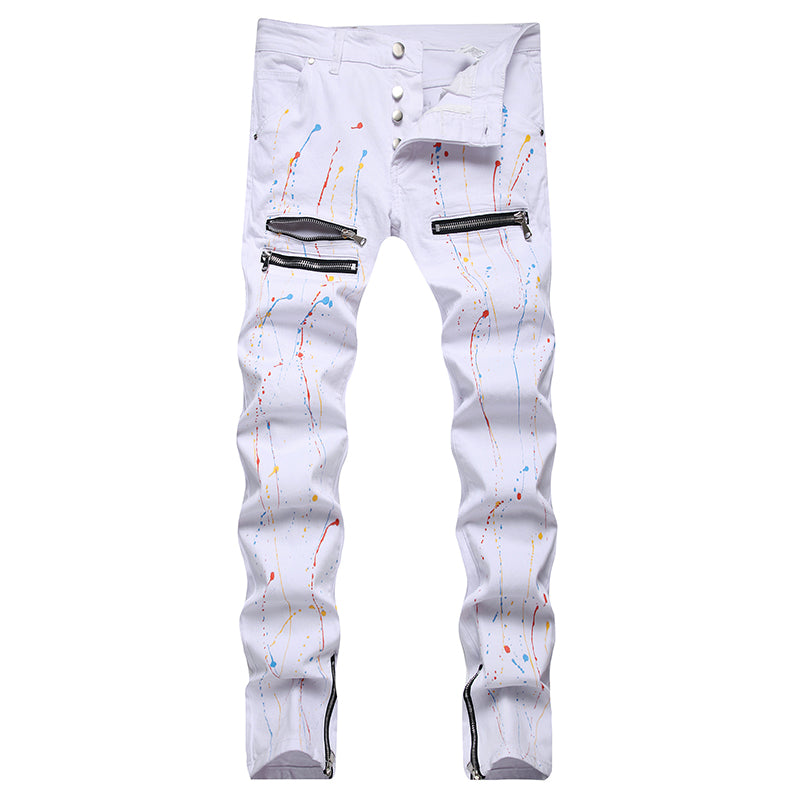 Mens Fashion Jeans Pants pocket zipper Color splatter ink 1168# Pure cotton high quality