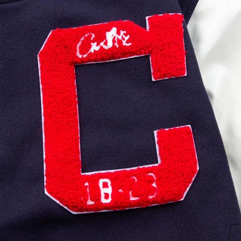 American-style baseball jacket Streetwear CRTZ heavyweight wool-blend jacket with leather sleeves and intricate, high-density embroidery.