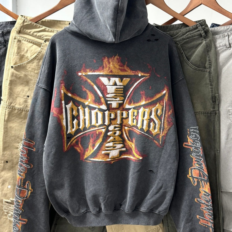 Unisex Vintage Hoodie Harley-Davidson West Coast Flames & Cross Limited Edition Distressed Hoodie â€?featuring multi-area handcrafted distressing and heavy-duty enzyme-washed, faded finish.