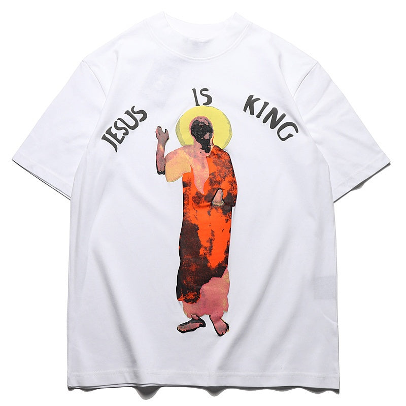 Mens T-shirt Vintage American-style Kanye-style oversized drop-shoulder tee with Jesus/God puff print.