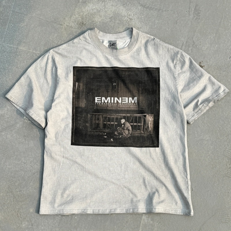 Unisex Vintage T Shirts Eminem Stan Letter Manuscript Limited Edition â€?Cement Grey T-Shirt featuring a special wash finish, custom heavyweight brushed fabric with a vintage feel, and direct-to-garment white ink printing.