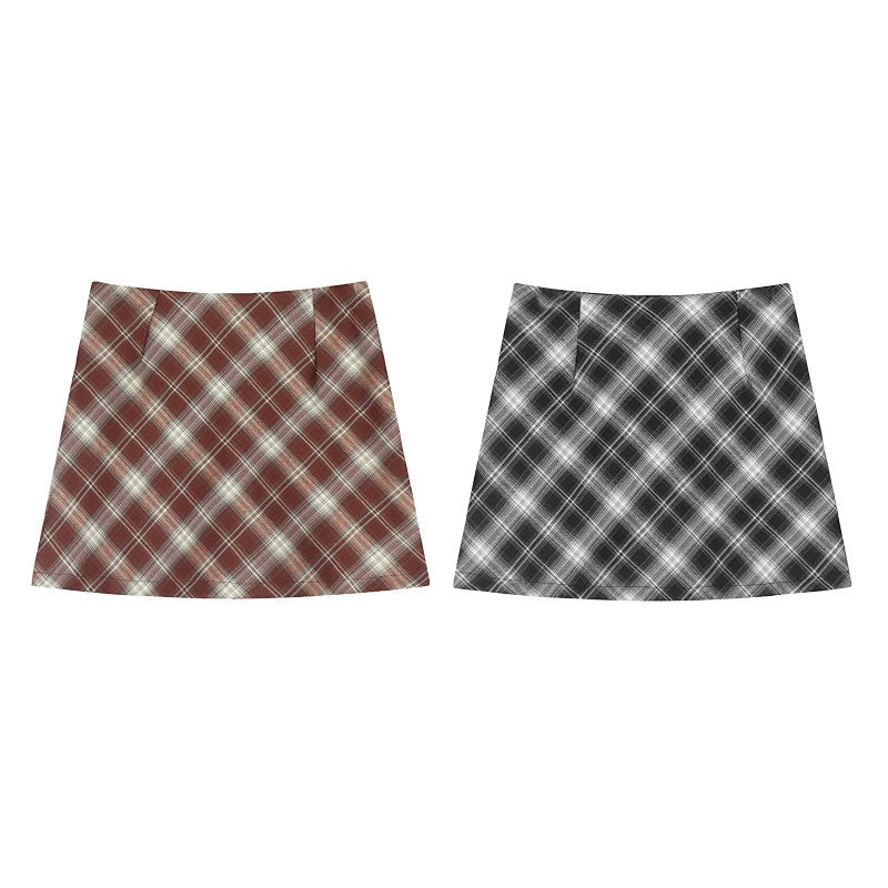 American-style vintage Skirt Contrast Grid Print High Waist Mini Skirt