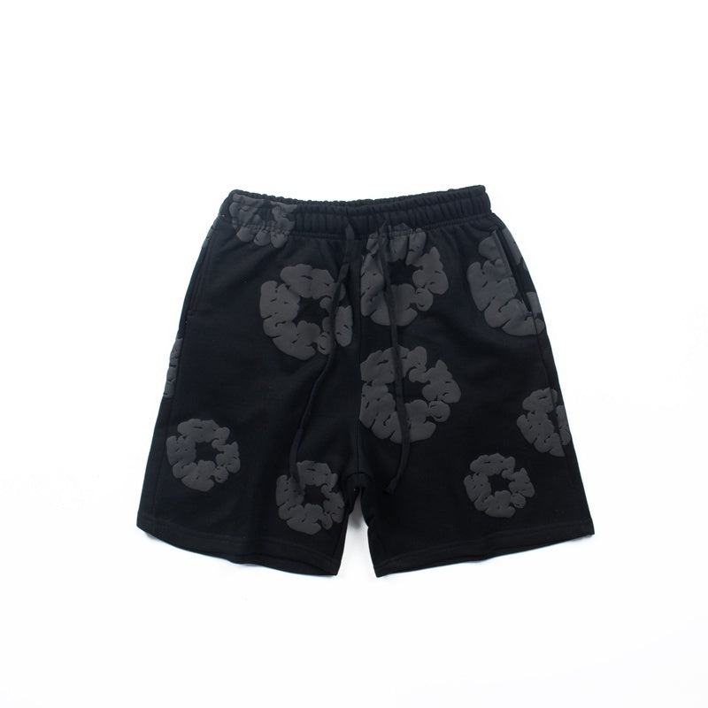 Denim Tears Shorts Cotton Embossed Black Cotton Wreath Graphic Oversized Drawstring