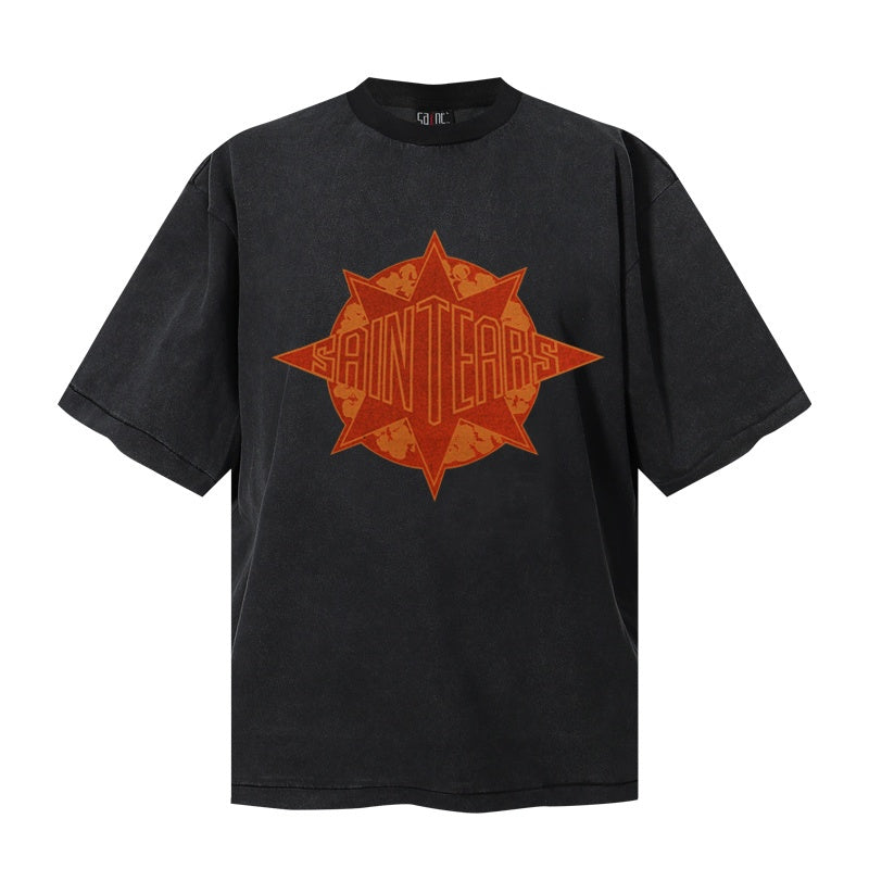 Saint Michael T Shirts Faded Orange Star Symbol SAINTJEARS Typography Washed Black Short Sleeve Print
