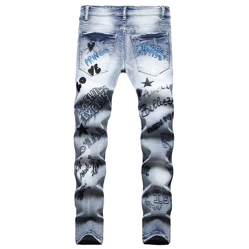 Mens Fashion Jeans Embroidered street graffiti 7118# Pure cotton high quality