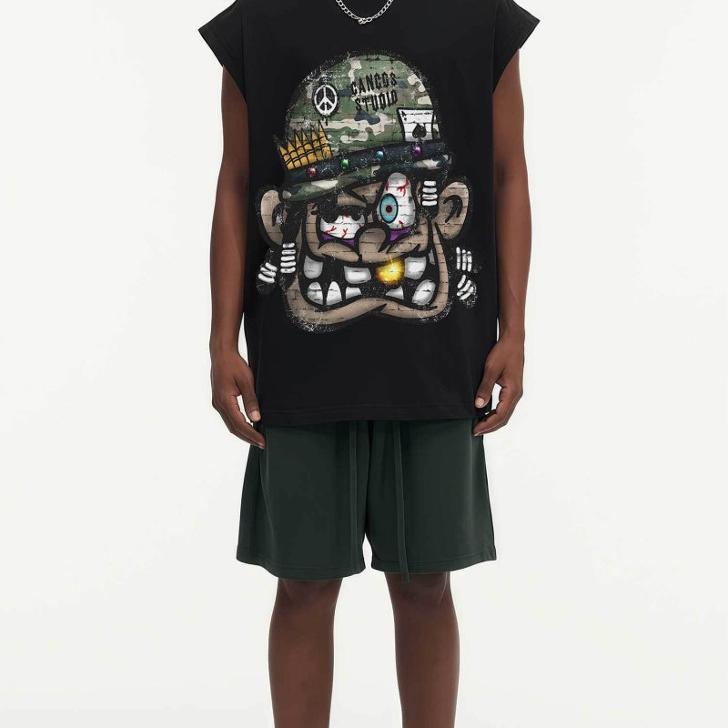 BIG FACE Drop-Shoulder Tank Top High-street vintage style featuring a small neckline, white-ink digital direct-to-garment (DTG) printing, and a heavy-duty, distressed wash finish; crafted from 260g double-yarn plain-knit fabric.
